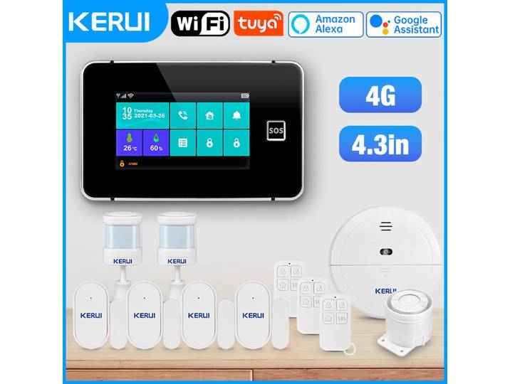 KERUI – ensemble de système d'alarme WiFi + 4G GSM, Tuya Smart Home, écran 4.3 pouces, système d'alarme domestique sans fil avec sirène, capteur de porte, G64B