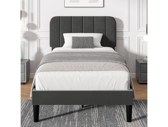 VECELO Polsterbett 90x200 cm, geräuscharmes Einzelbett mit höhenverstellbarem Kopfteil, Lattenrost und weichem Samtbezug, stabiles Bettgestell mit Metallrahmen, Jugendbett für Schlafzimmer, Grau