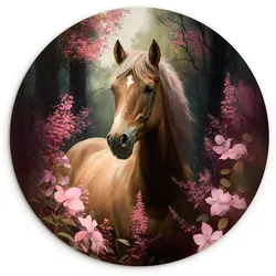 WANDBILD Pferd - Blumen - Rosa - Natur - Wald Deko Groß 150x150 cm