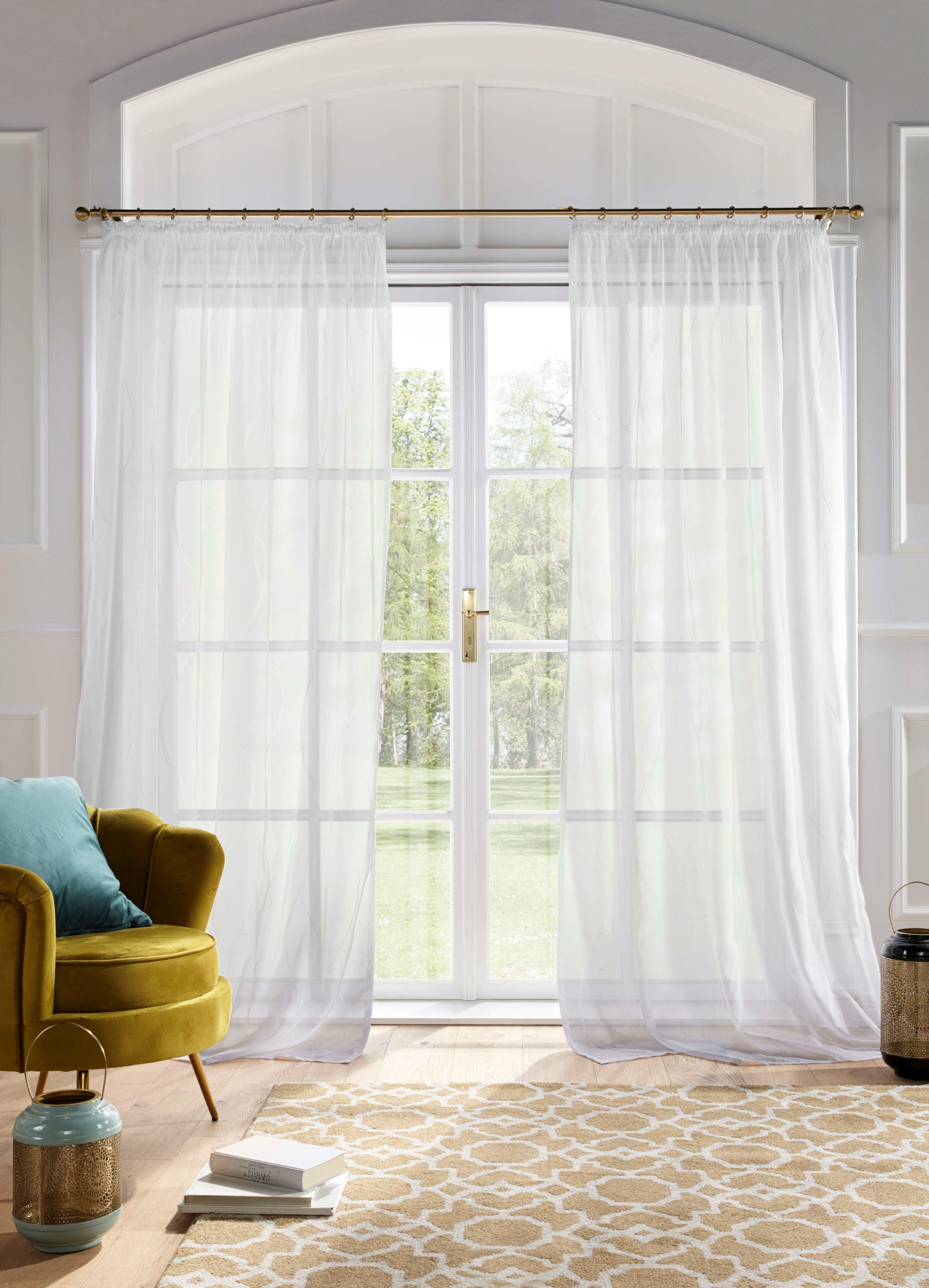 Gardine OTTO HOME "Mila, 1 Stück, Kräuselband, transparent, Wellenmuster bestickt" Gr. 4, weiß, B:140cm H:245cm, Voile, Polyester, Gardinen, Gardine, mit Wellenmuster bestickt, Voile, einfarbig