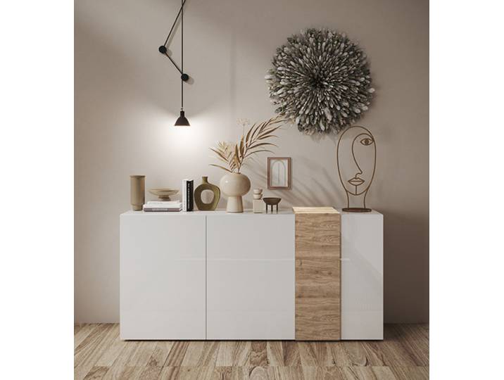 Bahut 3 portes Venus blanc brillant/chene cadiz - Basika
