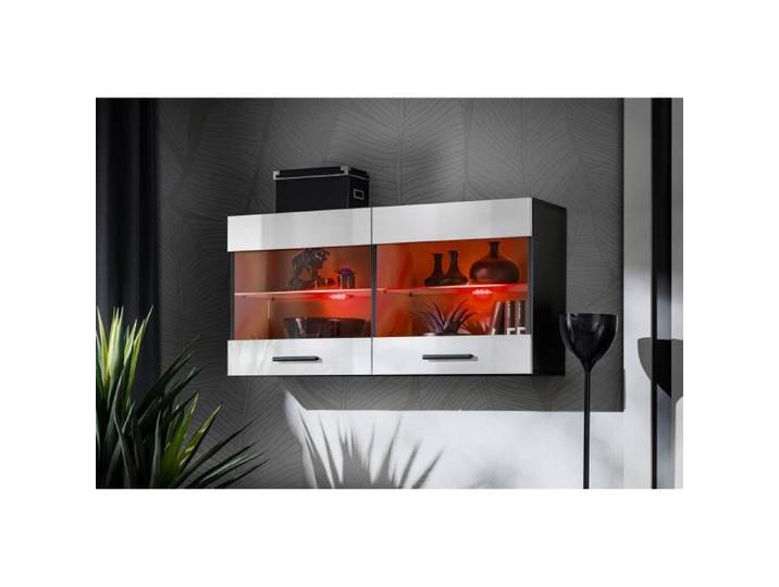 Vitrine Armoire suspendue Savona Komodee - LED RGB - Blanc & Noir - 2 portes - L100cm x H50cm x P30cm