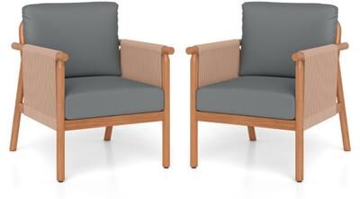 Costway Patio Acacia Wood Chair Set of 2 with Woven Rope Armrests and Seat Back Cushions for Backyard-Gray