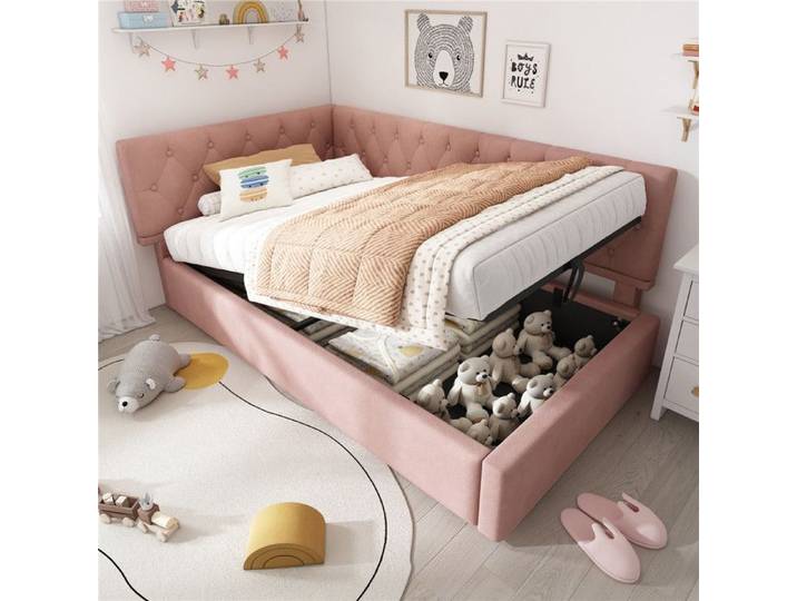 Lit coffre 90x190 fille avec sommier canapé lit lit une personne pour enfant tete de lit rembourré interchangeables velours rose