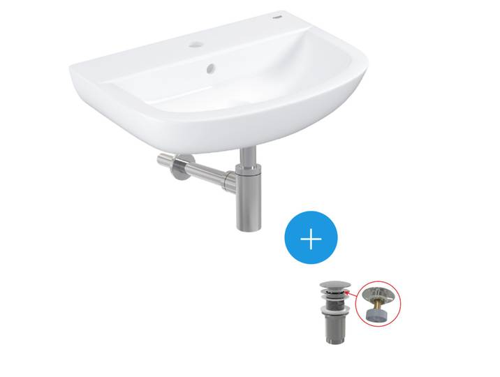 Ensemble lavabo suspendu en porcelaine vitrifiée 55.3x38.6cm + Bonde clic-clac + Siphon de lavabo (39440000-SET)