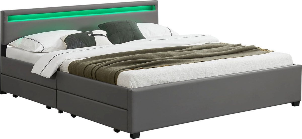 Juskys Gestoffeerd bed Lyon met LED-verlichting en bedlades - Donkergrijs - 180 x 200 cm