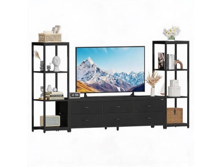 Zstar TV-Möbel Industriestil 6 Stoffschubladen bis 75 Zoll Schwarz Fernsehständer mit 4 Ablagen und Stauraum für das Wohnzimmer – Entertainment-Center im Industrie-Stil