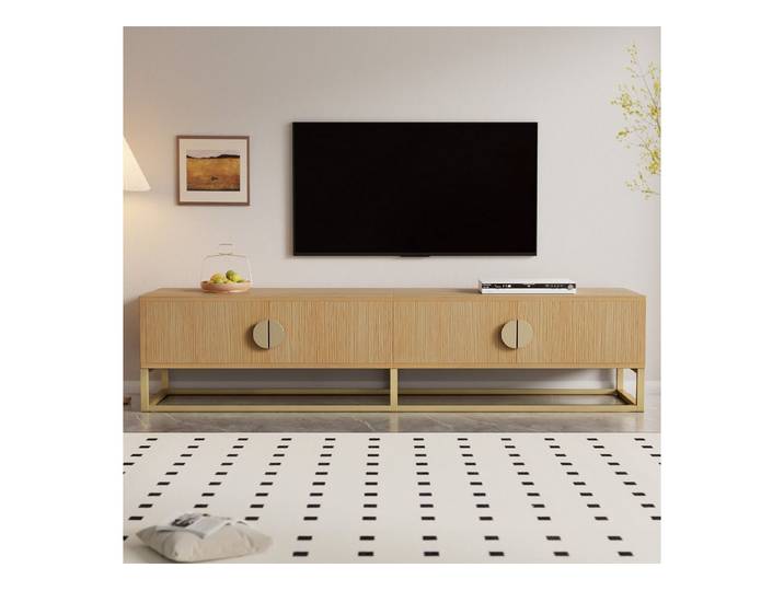 MC Star TV-Schrank TV-Schrank mit Holzmaserung – moderner Esszimmerschrank, 4 Türen (Geflochtenes PE-Seil aus Wassergrasimitat, schwarze Glastischplatte, verzinkter Stahl)