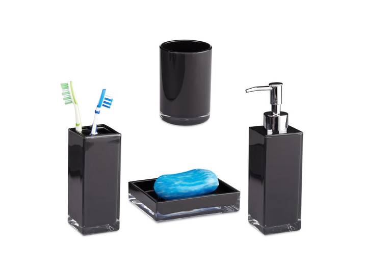 Relaxdays Badaccessoires-Set Schwarz 4-teilig Kunststoff, 12x19.5x9 cm, Badaccessoires