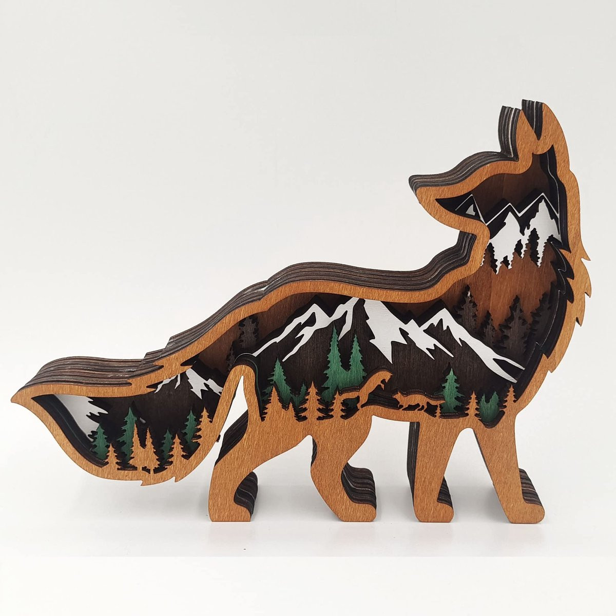 Houten Dieren Sculptuur Vos - Meerlaags Gegraveerd Bosdier voor Bureau Decoratie