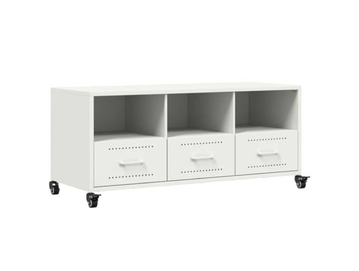 hliofuir TV-Schrank Kaltgewalzter Stahl Lowboard Rollen Weiß 100,5 cm Mobiles Medienmöbel mit 3 Schubladen und 3 Fächern für Wohnzimmer und Schlafzimmer, pflegeleicht auf 4 stabilen Rollen.
