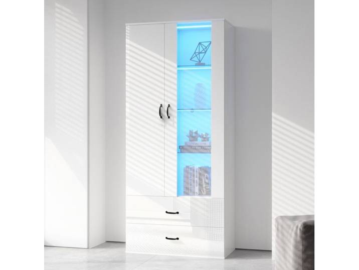 WOVREO Vitrine LED 59 5x35x182 cm 2 portes 2 tiroirs éclairage USB Bluetooth blanc