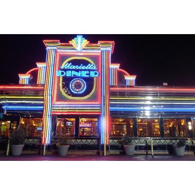 Fototapete PAPERMOON "RETRO DINER-NEON CADILLAC ELVIS ROUTE 66 VINTAGE ROSA", bunt, B:2,5m L:1,86m, Vlies, Tapeten