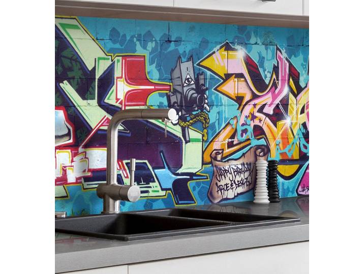 MyMaxxi Küchenrückwand Küchenrückwand selbstklebend Graffiti Schrift Spritzschutz Folie, (Klebefolie Küchenrückwand aufgerollt B 280 cm x H 60 cm), Colorful Grafiti B 280 cm x H 60 cm