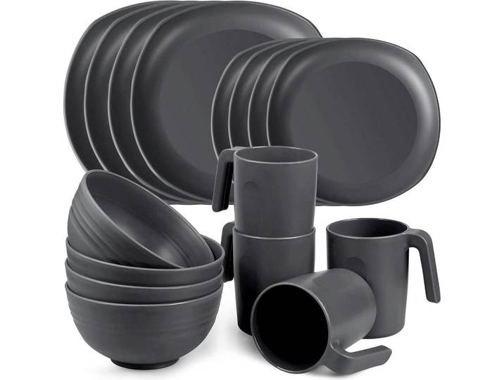 Geschirrset 16-teiliges Set PP unzerbrechlich für 4 Personen, Grau, Kunststoff, 240x7.6x240 cm, Geschirr, Geschirrsets, Kombiservice