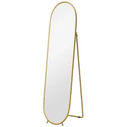 OKWISH Standspiegel Ganzkörperspiegel oval 160x40x4 cm mit Ständer Metallrahmen Gold, klarer Spiegel mit Splitterschutzfolie, flexibel aufstellbar