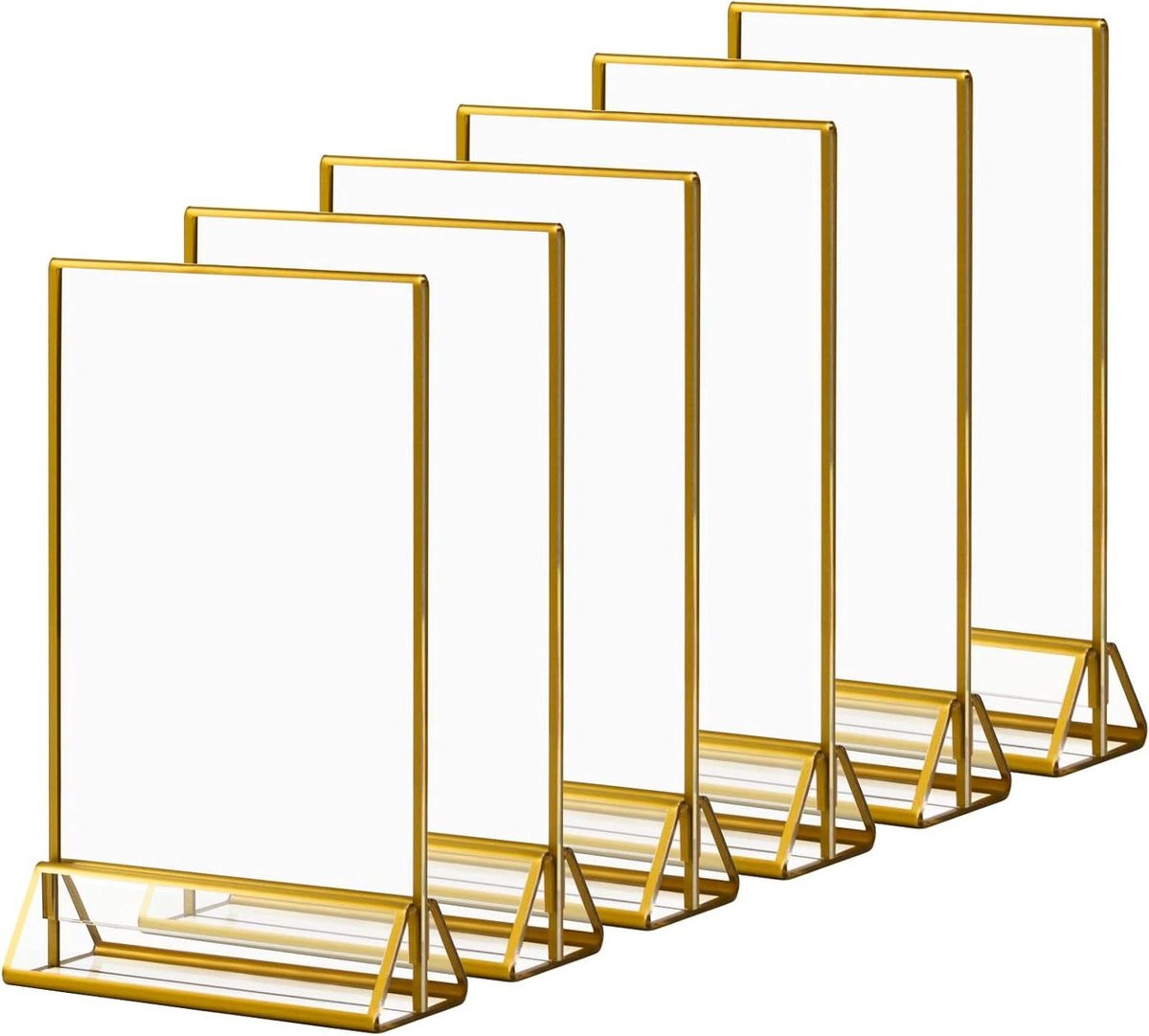 Allecto Plus Set van 6 Acryl bordhouders met gouden randen en dubbelzijdige verticale fotolijsten