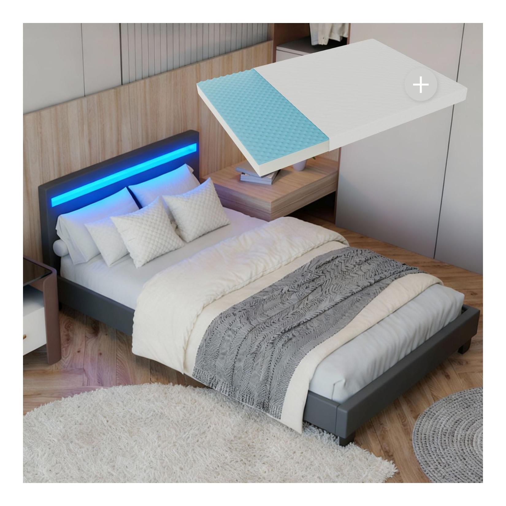 Juskys Polsterbett Paris 90x200 cm grau mit Matratze – Einzelbett + LED-Beleuchtung & Lattenrost