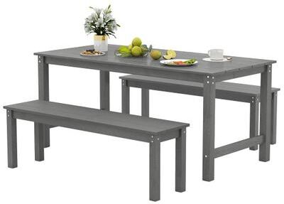Costway 3 Pieces Outdoor Dining Table Set with 2 Benches-Gray