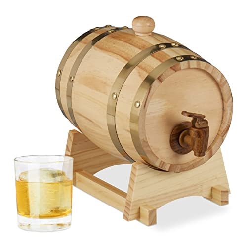 Relaxdays Houten vaatje met tapkraan, 1,25 l, bruin/zilver, rustiek