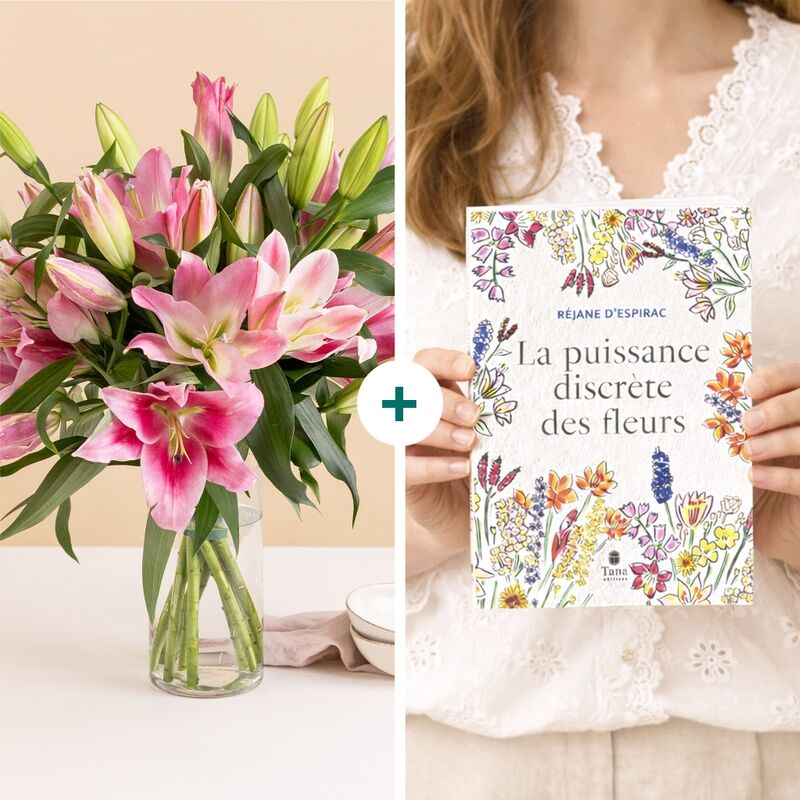 Bouquet de lys roses et livre "La puissance discrète des fleurs" - Interflora