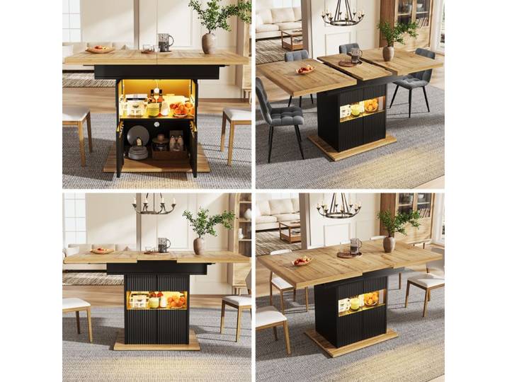 Table à manger extensible - Extensible 110-140cm - Rangement intégré avec LED - Étagère réglable - Charge maximale 60kg