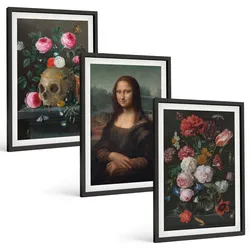 BILDER SET 3er Set - 40x60 cm Schwarzer Rahmen - Blumenschädel-Porträt Mona Lisa