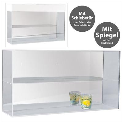 Hochwertige Acryl-Vitrine mit verspiegelter Rückwand und 2 Ebenen. Einschub an der Vorderseite kann komplett geöffnet werden, wird aufgebaut