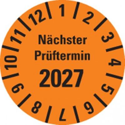 Dreifke® Prüfplakette Nächster Prüftermin 2027, orange, Polyesterfolie, Spez., Ø20mm, 36 Stk.