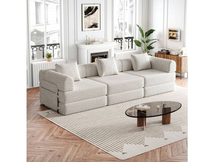 HOMVRA Canapé convertible 3 places modulable en chenille beige avec rangement d'accoudoir