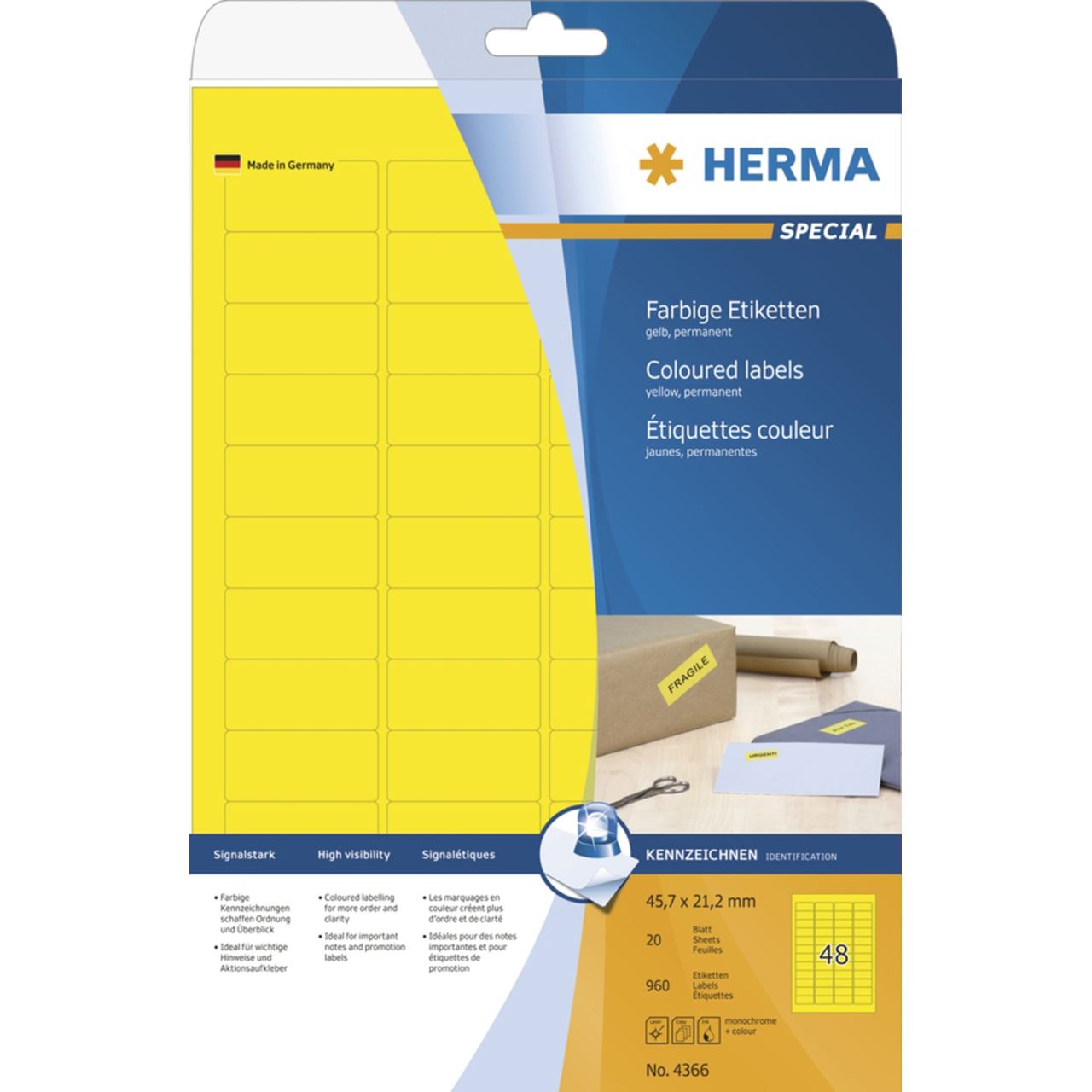Herma 4366 gelb Universal-Etiketten 4.57x2.12 cm (20 Blatt (960 Etiketten))