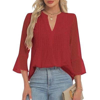 Damen Bluse Spitze Knöpfe Einfarbig Elegant Stilvoll Basic Dreiviertelarm V Ausschnitt Normale Oberteile Täglich Schwarz Weiß Rosa Rote Sommer Frühling Herbst
