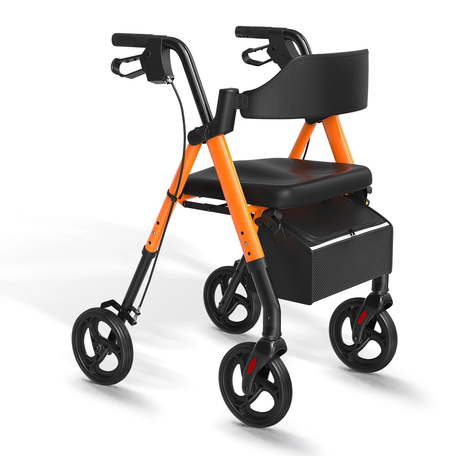 Rollator für Senioren - Faltbarer Gehwagen mit Sitz - Robuster Aluminiumrahmen - 20 cm Große Räder - Orange