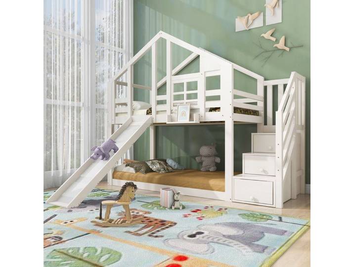 Lit superposé avec toboggan et rangements intégrés couchage 90x200 cm pour enfants