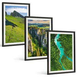 BILDER SET 3er Set - 40x60 cm Schwarzer Rahmen - Grüne Berge, Flussfelsen