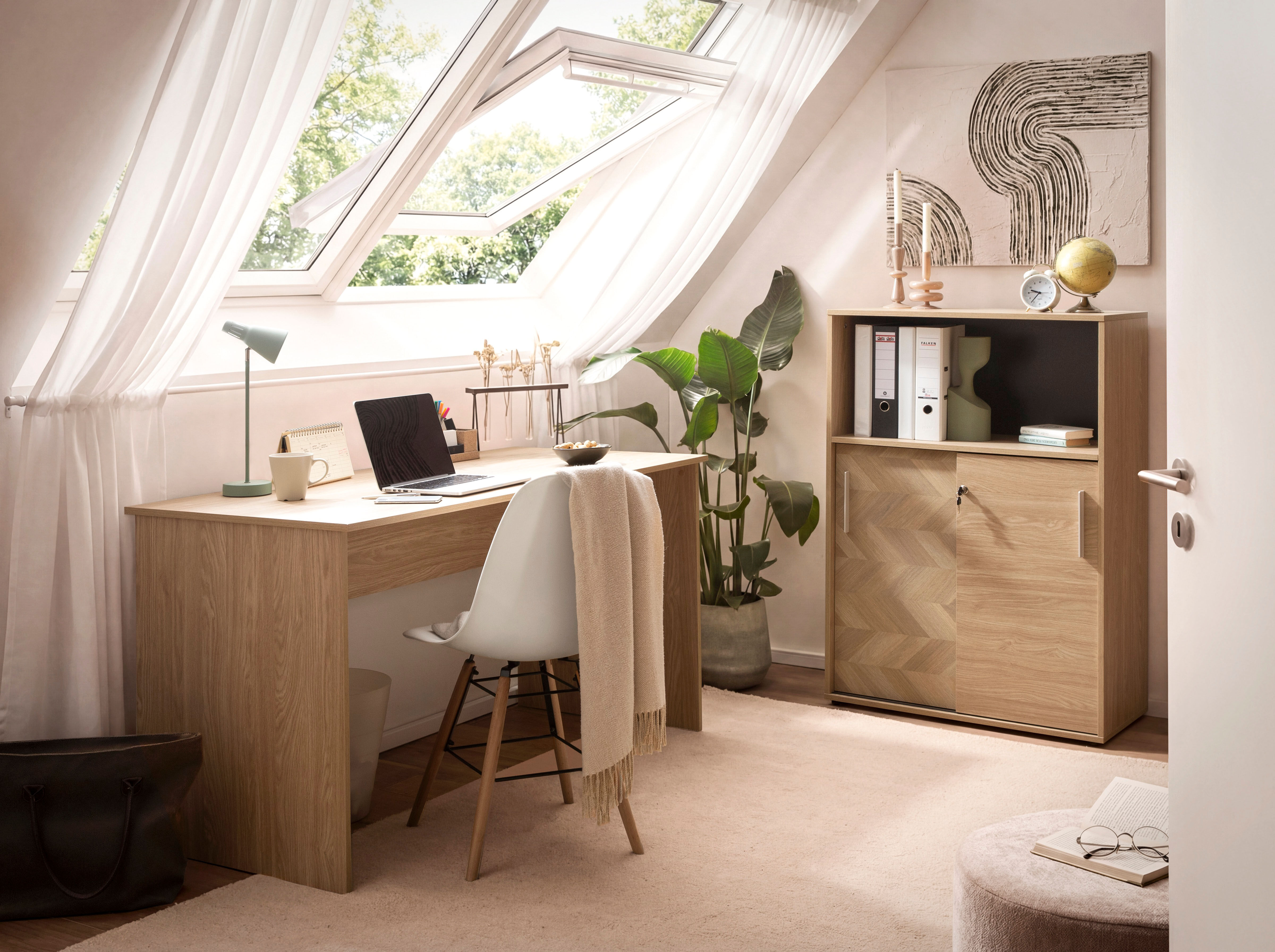 Schreibtisch SCHILDMEYER "AREZZO, wahlweise elektr., zeitloses Design, MADE IN GERMANY", braun (eiche hell, eiche hell, eiche hell), B:144cm H:73,6cm T:65cm, Tische, Schreibtisch, Auswählbare Scheibtische, wahlweise elktr., Made in Germany eiche hell, eic