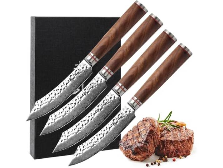 Wakoli Nussbaum 4-teiliges Steakmesser-Set, 67 Lagen Damaststahl, VG10 Kern Glatte 12,5-cm-Klingen ohne Wellenschliff, Nussbaumgriffe, Hammerschlag, beidseitiger 15° V-Schliff, 60 ± 2 HRC, Geschenkbox