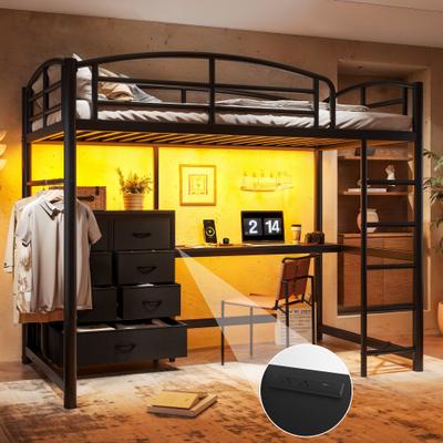 toswini Twin/Full Loft Bed with Desk, Shelves, Fabric Drawers and LED Light