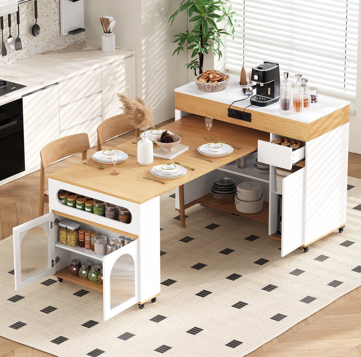 MODFU Uitschuifbare Eettafel Keukeneiland met Wieltjes en Lade, Wit Naturel