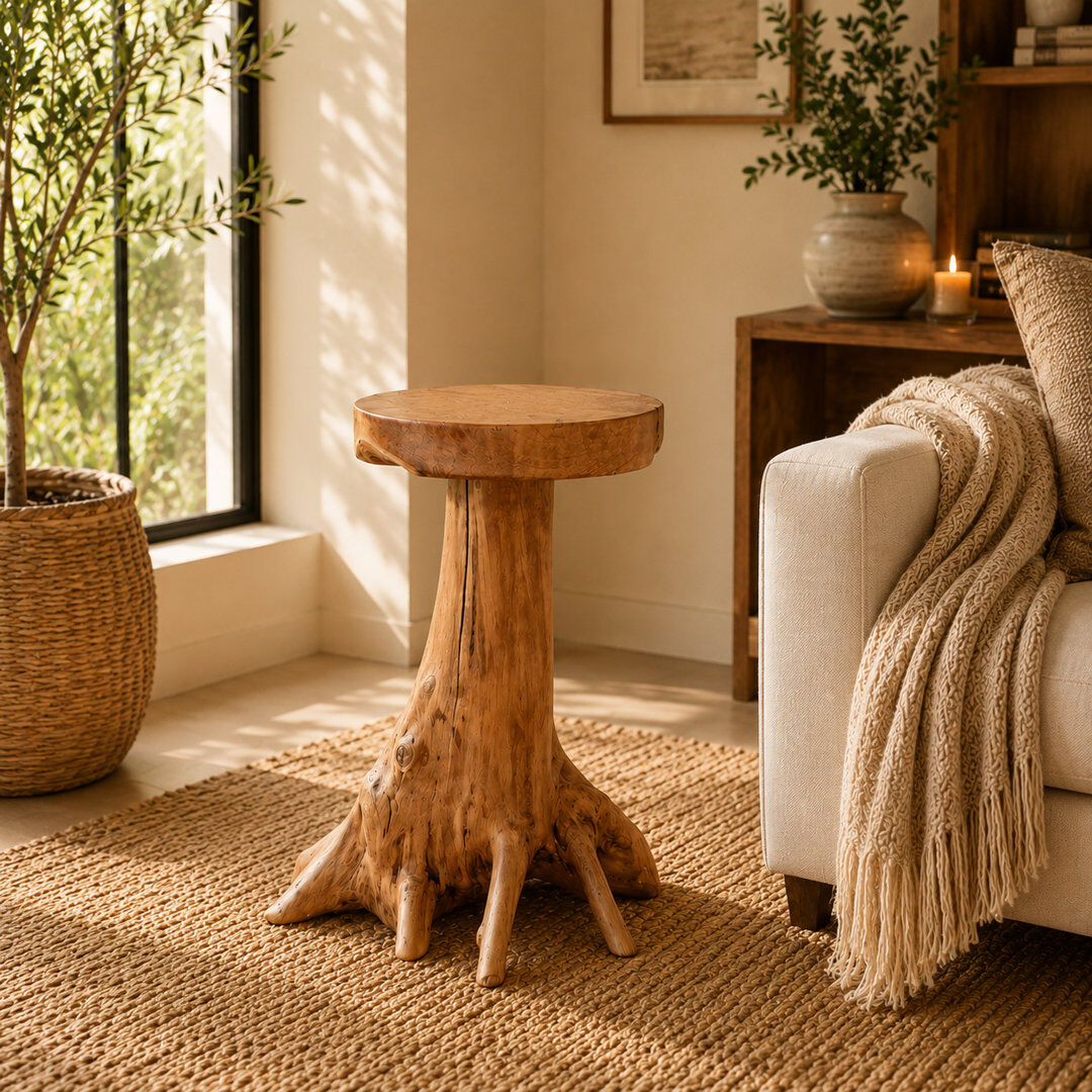 Alpen Home Modern Solid Wood Tree Stump End Table Natural Teak Rustic Side Table Handcrafted Coffee Table Brown 75cm H X 40cm W X 40cm D