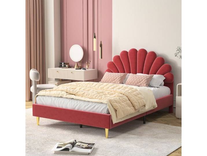 Lit 140x190 cm structure de lit 140x190 cm lit adulte lit double lit rembourré tissu en velours Cadre de lit 140x190 cm Bordeaux