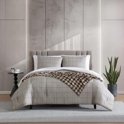 Kenneth Cole Reaction Holden Grid Cotton Brown Reversible Bonus Comforter Set