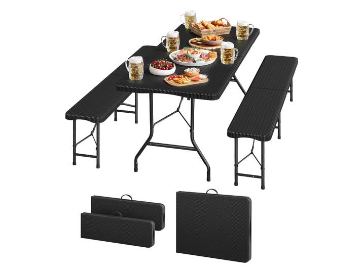 Woltu Ensemble De Meubles De Jardin\, Set De 3 Pièces : Table + 2 Bancs Pliables\, Avec Structure En Métal\, En Aspect Rotin\, Noir