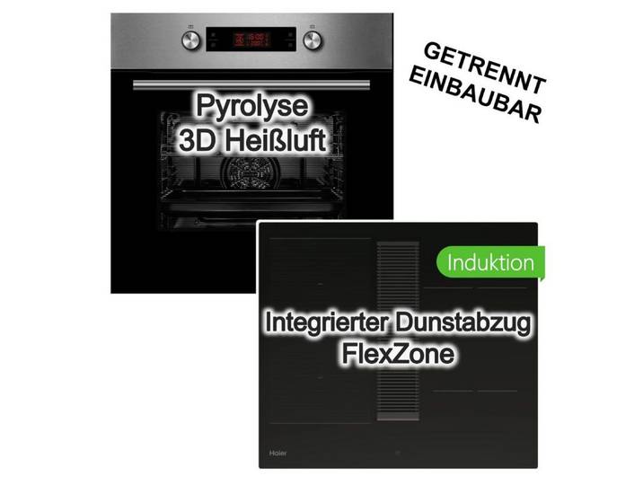 Midea Backofen-Set Backofen Pyrolyse + Haier Induktionskochfeld integrierter Dunstabzug, mit 1-fach Teilauszug, Pyrolyse-Selbstreinigung