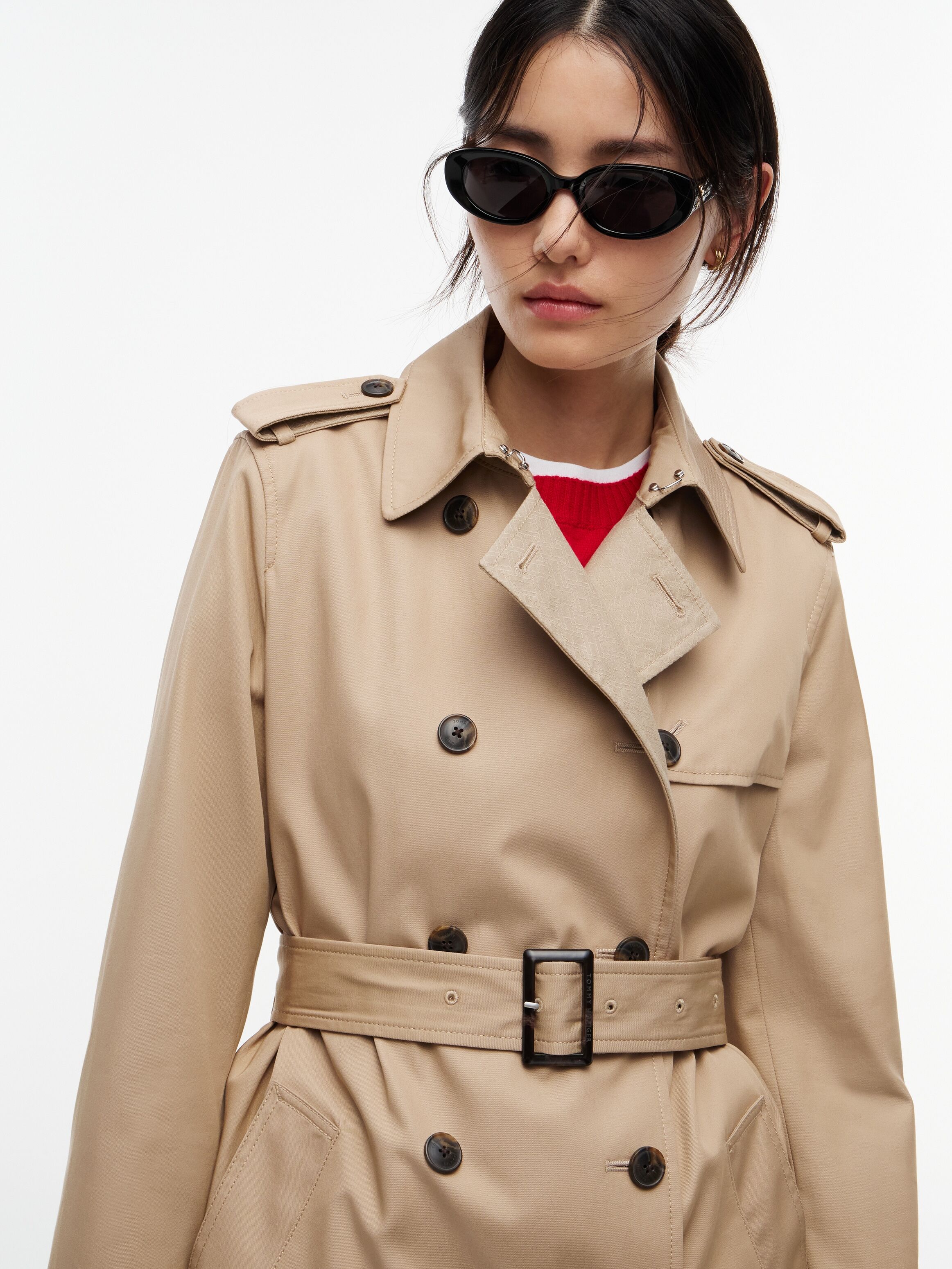 Trenchcoat TOMMY HILFIGER "COTTON MONOGRAM TRENCH", Damen, Gr. L (42/44), beige, Web, Obermaterial: 100% Baumwolle. Futter: 56% Polyester, 44% Viskose, unifarben, knielang, Mäntel Trenchcoat, Baumwolle beige L (42/44)