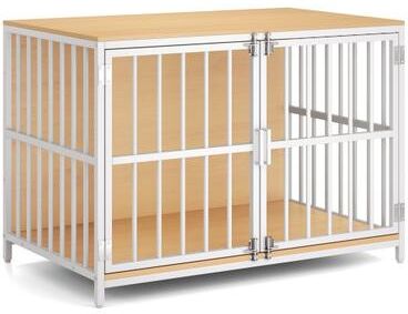 Costway 40 Inch Dog Crate Furniture Dog Kennel with Dual Lockable Double Doors-Natural