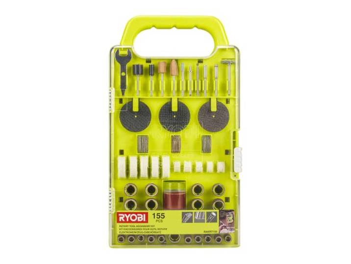 RYOBI Coffret 155 Accessoires Mini-Outil Rotatif Tige 3\,2 mm RAKRT155 155 pièces\, disques à tronçonner\, bandes de ponçage\, meules\, feutres de polissage\, fraises de gravure\, mallette incluse