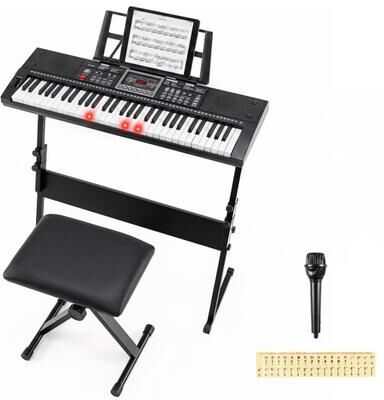 Costway 61 Key Keyboard Piano for Beginners with Stand Stool Lighted Keys-Black