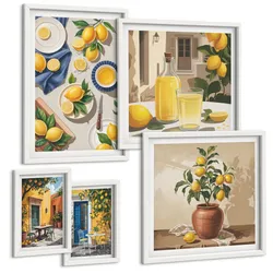 BILDER SET 5er Set - 50x50 cm & 20x30 cm & 40x60 cm Weißer Rahmen - Bunte Strandhäuser