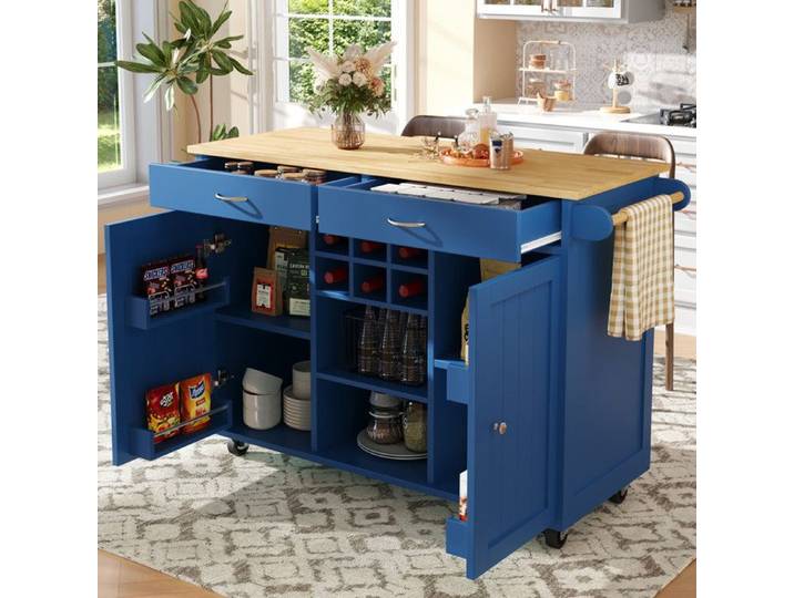 Îlot de cuisine - MUVOE - 102x45x92 cm - MDF bleu - Rangement flexible - Design contemporain